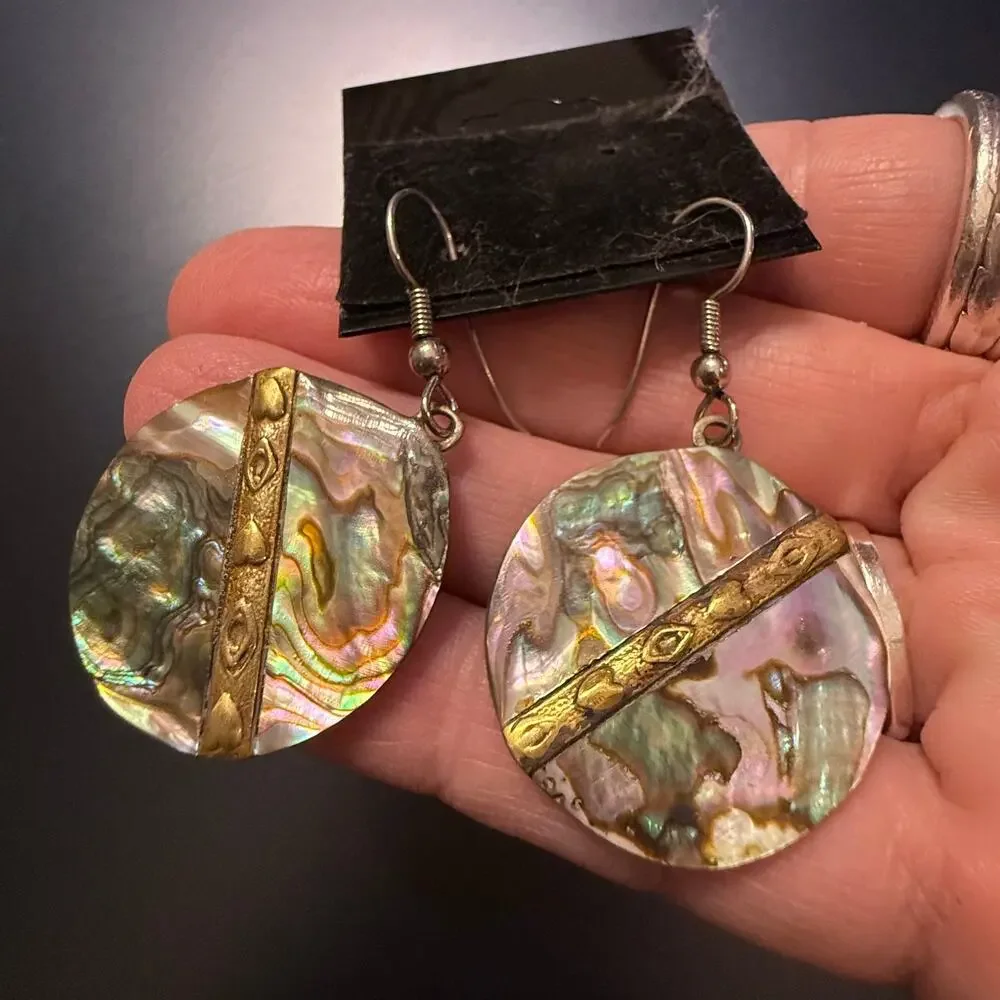 Vintage Mixed Metal Abalone Shell Flat Disc Earrings